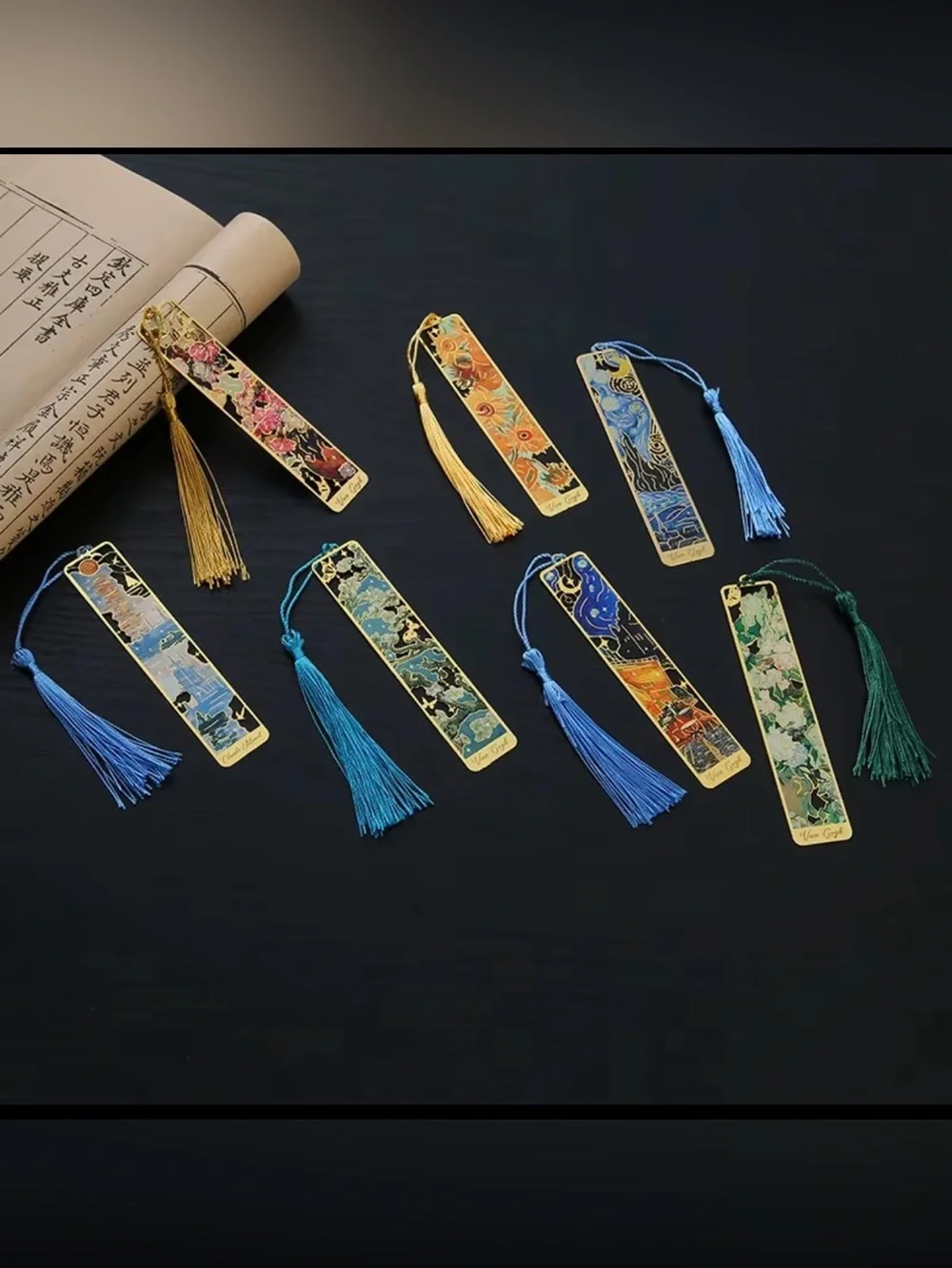 Decorative Floral & Patterned Metal Tassel Bookmark - Blue/Gold/Green